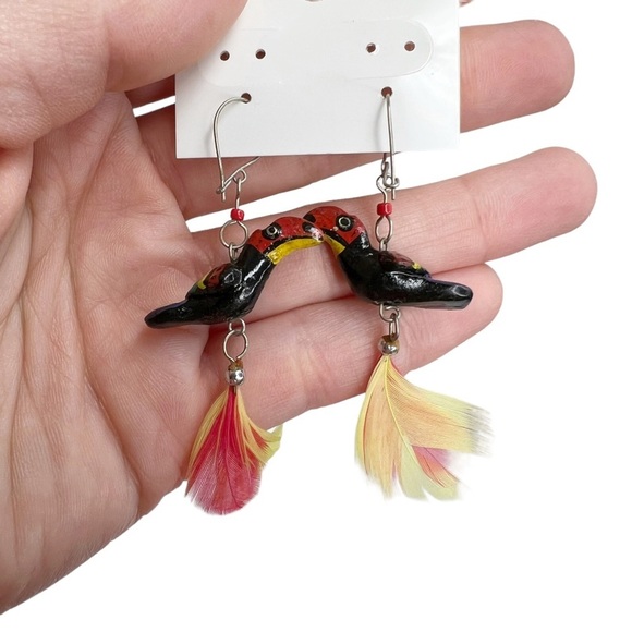 Toucan Tropical Bird & Feather Wooden Pierced Earrings - Picture 5 of 6